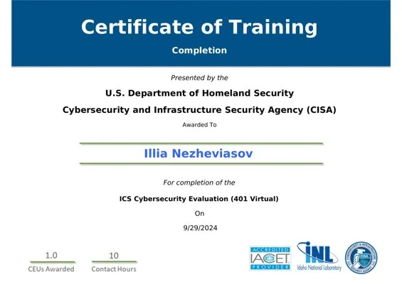 Certificate of Training - ICS Cybersecurity Evaluation (401 Virtual)